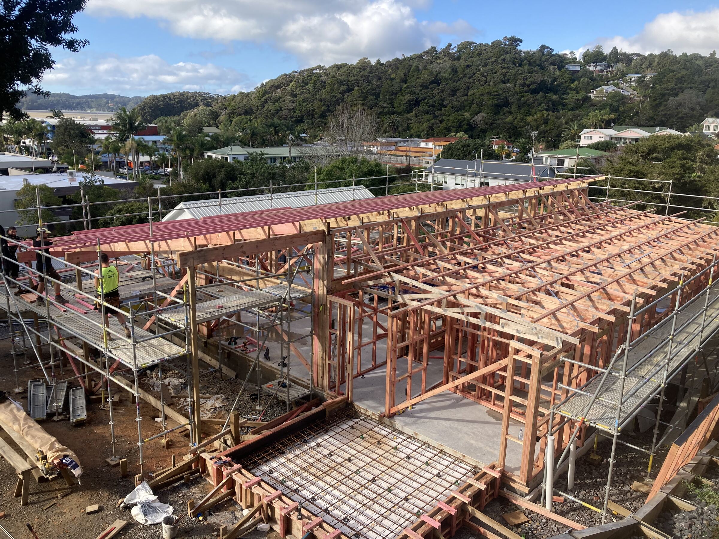 Timber framing and roof trusses going up on a new build above the Bay of Islands
